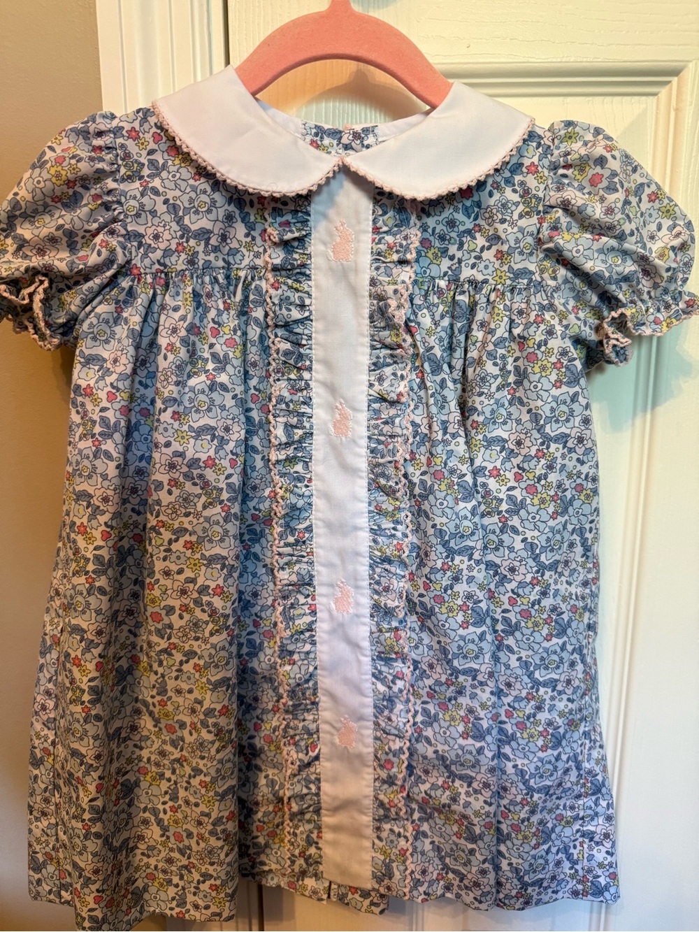 Girls Blue Floral and Pink Bunny Dress with Peter Pan Collar
